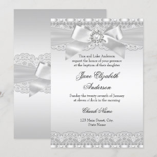 Invitation de baptême argentée avec dentelle et nœ