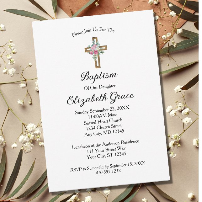 Invitation de baptême au croix florale rose (Créateur téléchargé)