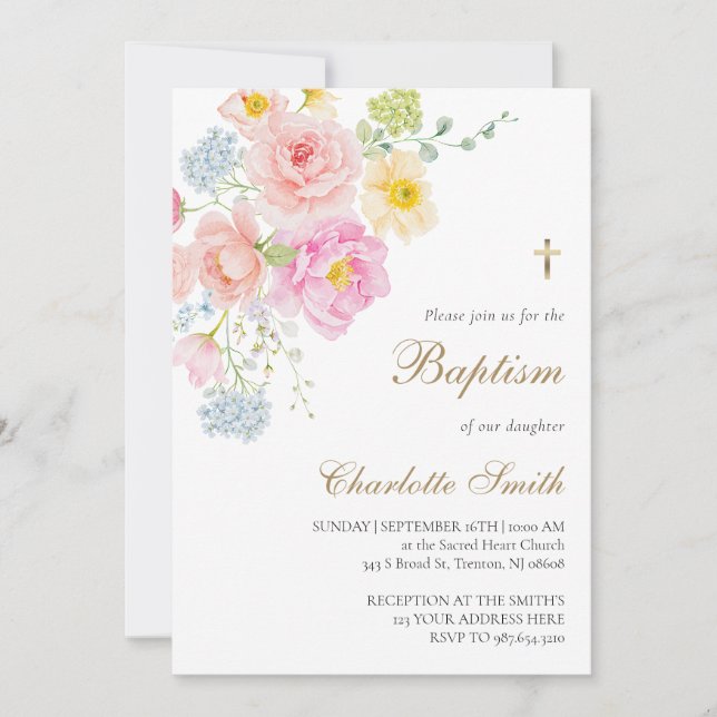 Invitation de baptême aux fleurs sauvages colorées (Devant)