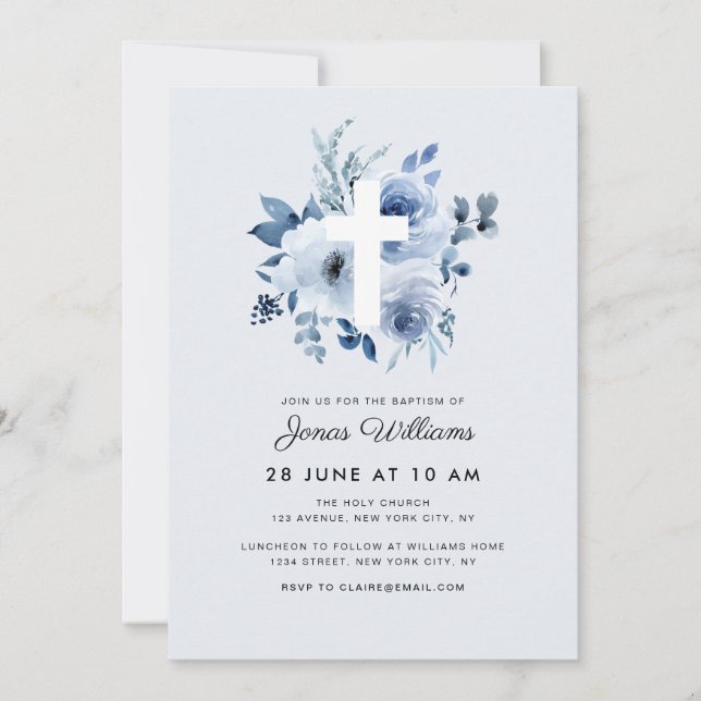 Invitation de baptême aux florales aquarelles bleu (Devant)