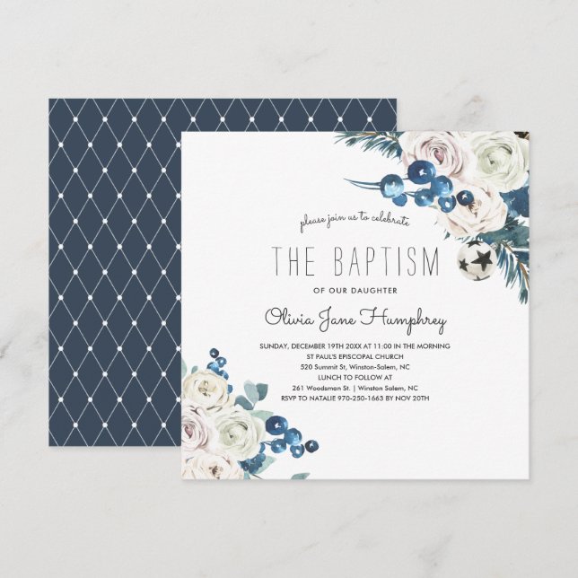 Invitation de baptême aux florales d'hiver (Devant / Derrière)