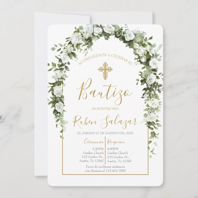 Invitation de baptême avec arc et fleurs blanches (Devant)
