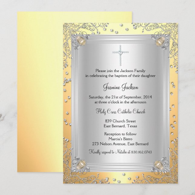 Invitation de baptême avec bijou scintillant jaune (Devant / Derrière)