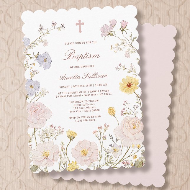 Invitation de baptême avec cadre floral délicat (Créateur téléchargé)