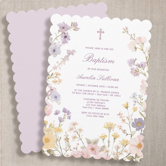 Invitation de baptême avec cadre floral pastel (Créateur téléchargé)