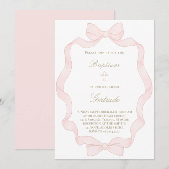 Invitation de baptême avec cadre ruban rose (Devant / Derrière)