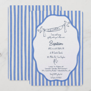 Invitation de baptême avec colombes rayures bleues