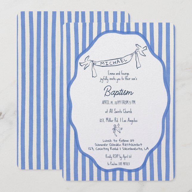 Invitation de baptême avec colombes rayures bleues (Devant / Derrière)