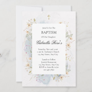 Invitation de baptême avec croix et accents florau