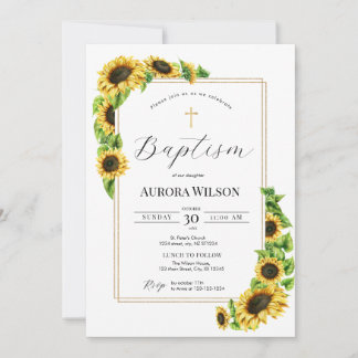 Invitation de baptême avec croix et tournesol jaun
