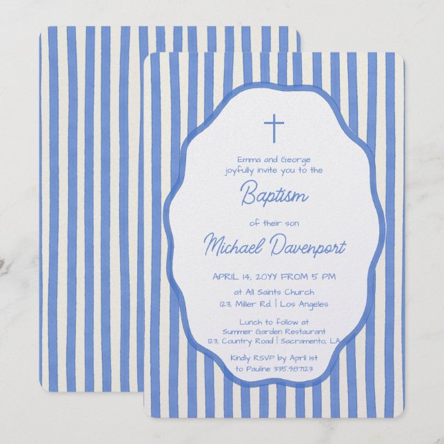 Invitation de baptême avec des rayures bleues fant (Devant / Derrière)