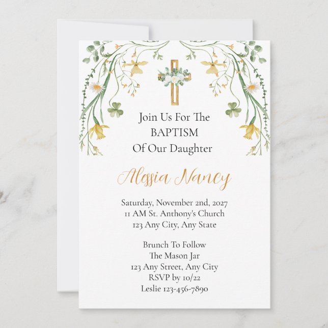 Invitation de baptême avec fleurs et verdure   (Devant)