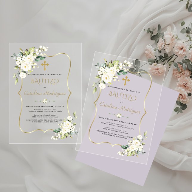 Invitation De Baptême Avec Fleurs Or Baptême  (Créateur téléchargé)