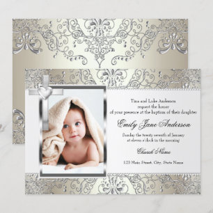 Invitation de baptême avec jolie croix en damas ph