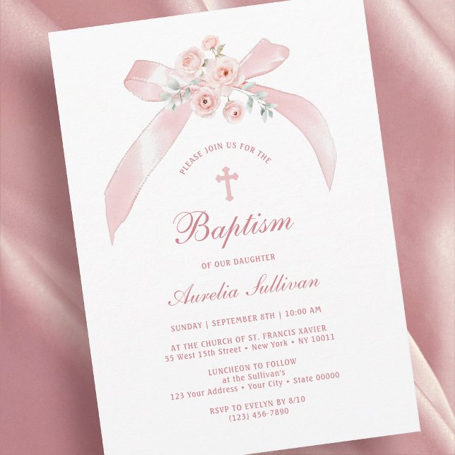 Invitation de baptême avec nœud rose floral (Créateur téléchargé)