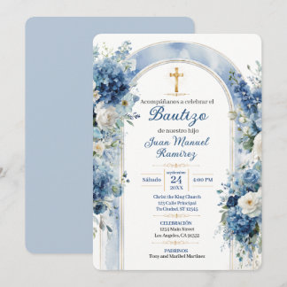 Invitation de baptême Bautizo florale bleue pour g