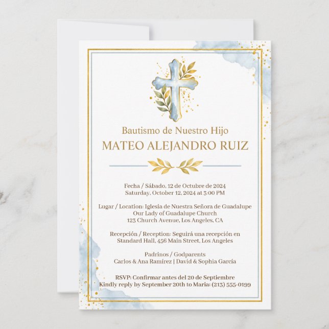 Invitation de baptême bilingue garçon croix or (Devant)