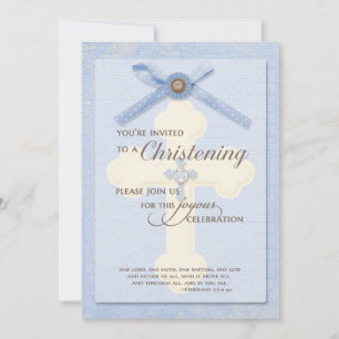 Invitation de baptême - Bleu avec croix et ruban