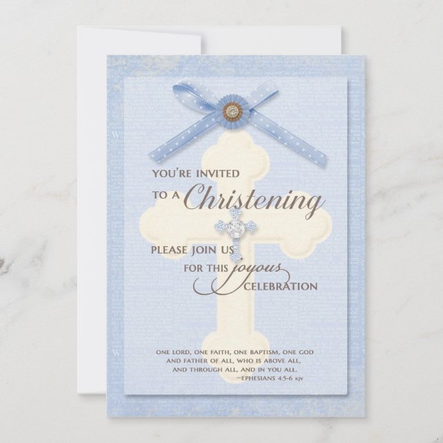 Invitation de baptême - Bleu avec croix et ruban (Devant)