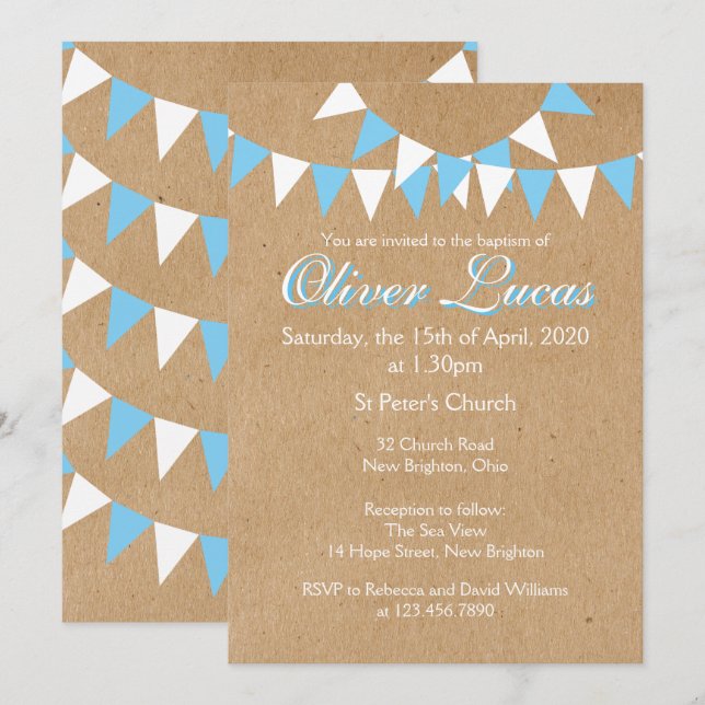 Invitation de baptême bleu Baby Bunting (Devant / Derrière)