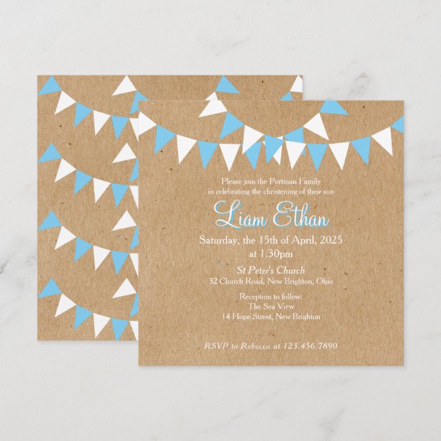 Invitation de baptême bleu Baby Bunting (Devant / Derrière)