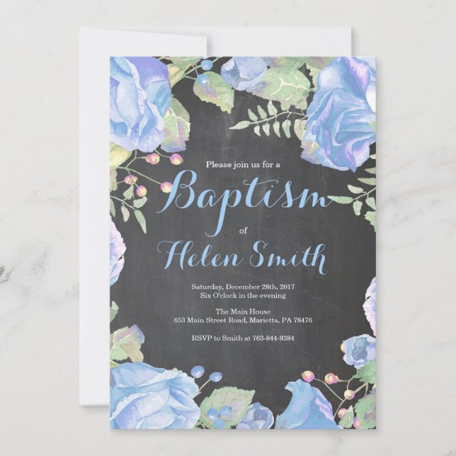 Invitation de baptême bleu floral (Devant)