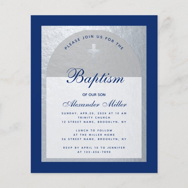 Invitation de baptême bleu royal argent pour garço (Devant)