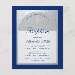 Invitation de baptême bleu royal argent pour garço
