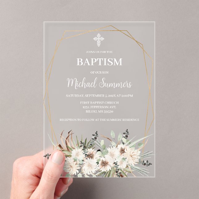 Invitation de baptême bohème florale blanc acryliq (In situ (ordinateur de poche))