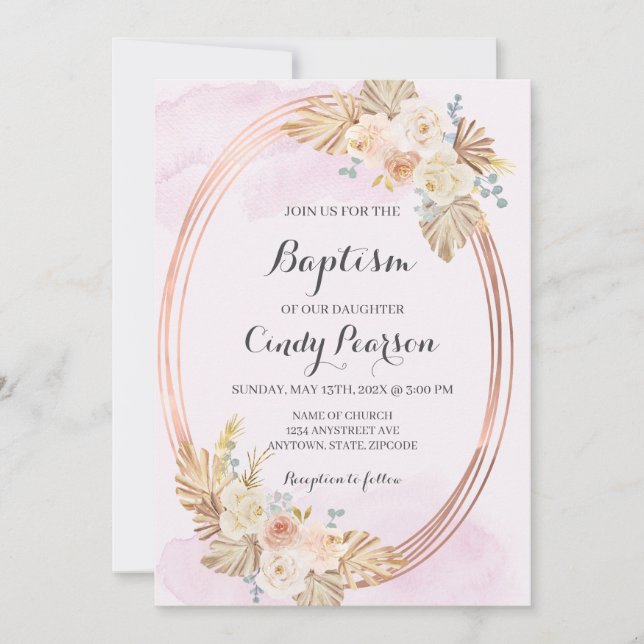 Invitation de baptême Boho rose pour fille (Devant)