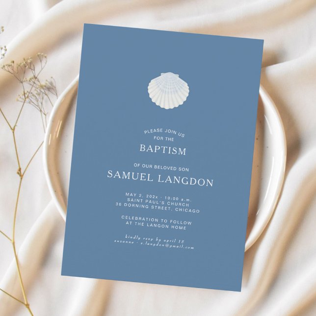 Invitation de baptême chrétien bleu coquillage côt (Créateur téléchargé)