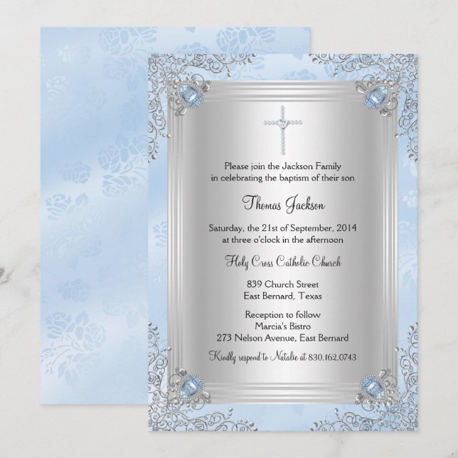 Invitation de baptême / Christening Blue Sparkle J (Devant / Derrière)
