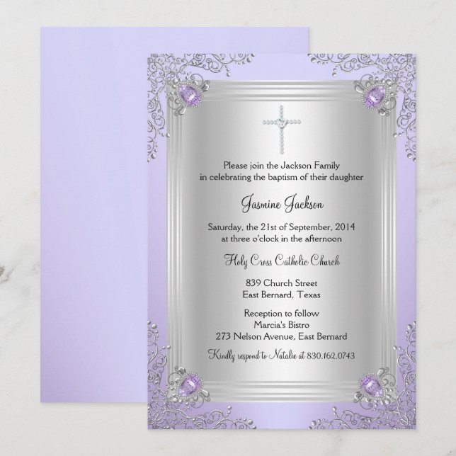 Invitation de baptême / Christening Purple Sparkle (Devant / Derrière)