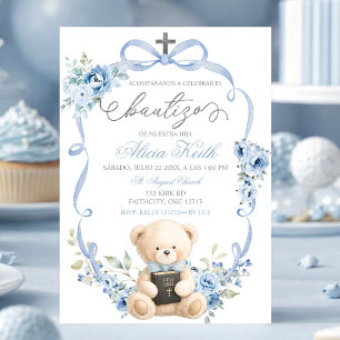 Invitation de baptême Coquette Ourson Bleu Espagno