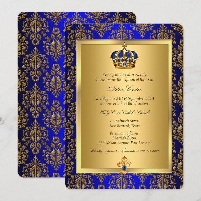 Invitation de baptême Couronne Royale Bleu Royale (Devant / Derrière)
