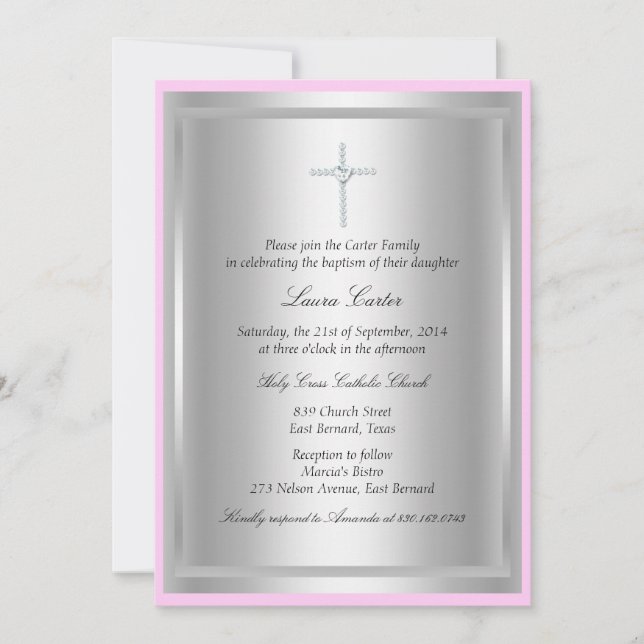 Invitation de baptême croix diamant rose (Devant)