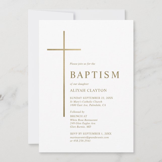 Invitation de baptême croix dorée (Devant)