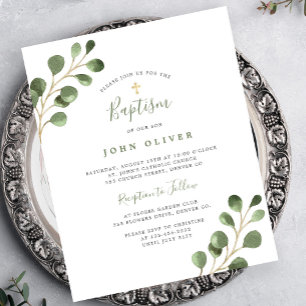 Invitation de baptême croix dorée eucalyptus budge