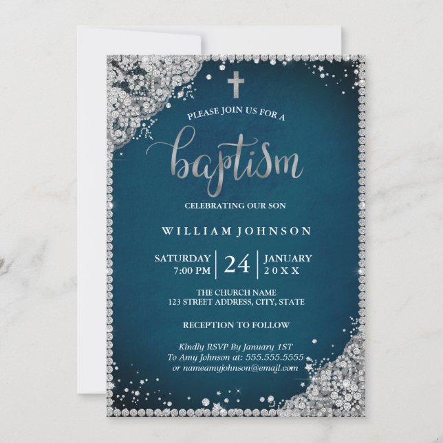 Invitation de baptême Croix en dentelle de diamant (Devant)