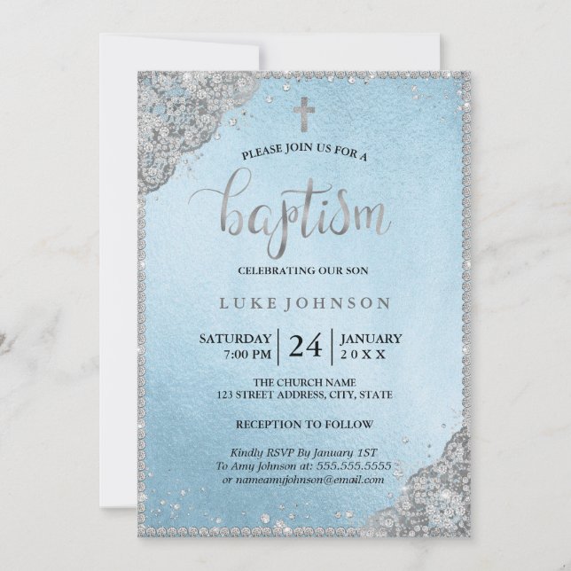 Invitation de baptême Croix en dentelle de diamant (Devant)