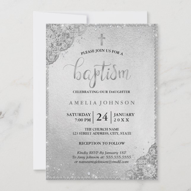 Invitation de baptême Croix en dentelle de diamant (Devant)