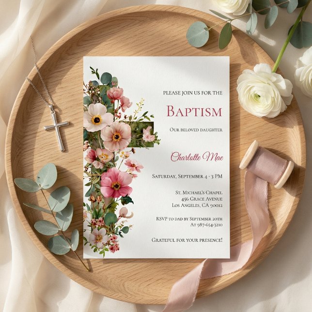Invitation de baptême Croix florale aquarelle (Créateur téléchargé)