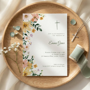 Invitation de baptême Croix Florale Aquarelle