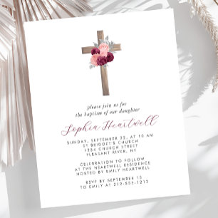 Invitation de baptême croix florale bordeaux blush