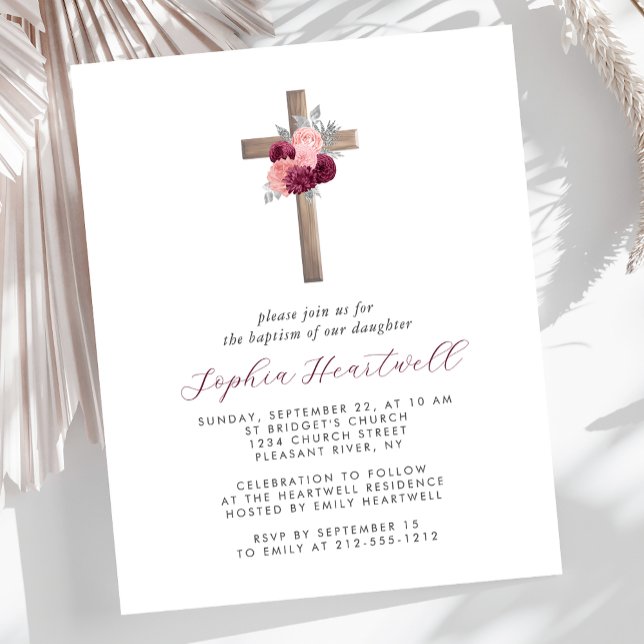 Invitation de baptême croix florale bordeaux blush (Créateur téléchargé)