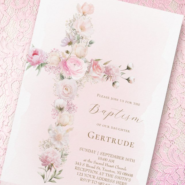 Invitation de baptême croix florale rose aquarelle (Créateur téléchargé)