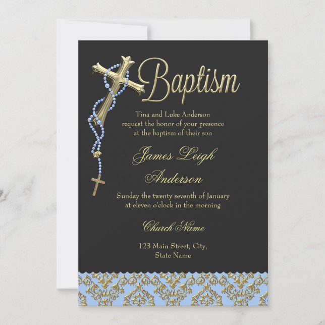 Invitation de baptême Croix Sainte & Damassé Bleu  (Devant)
