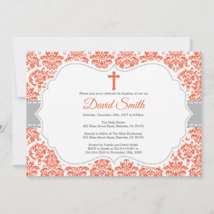Invitation de baptême damas rouge et gris