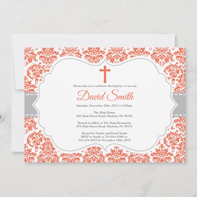 Invitation de baptême damas rouge et gris (Devant)