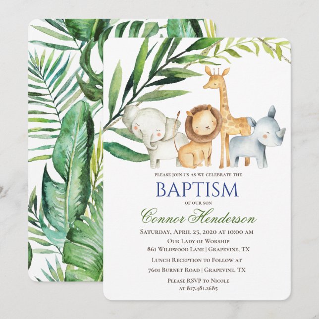 Invitation de baptême d'animaux de la jungle (Devant / Derrière)
